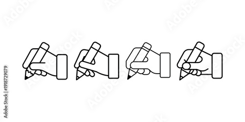 Hand holding pencil writing on surface vector line icon collection isolated on white background representing creativity education and signature process