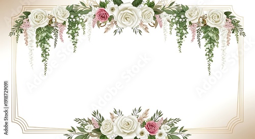 Elegant floral border with white roses, pink flowers and green leaves on beige background for invitation or greeting card