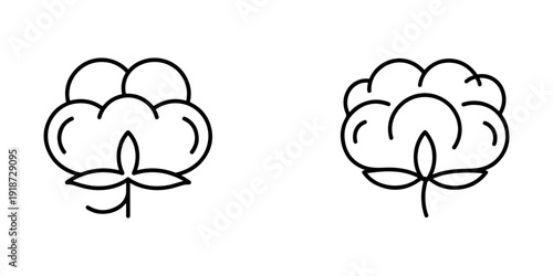 Cotton boll flower icons vector line art isolated on white background representing natural textile material organic fiber and agriculture industry symbols