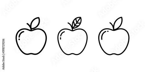 Set of three minimalist apple icons with leaves, representing fresh fruit, healthy eating, and natural organic food concepts on white background