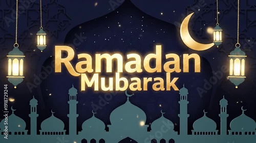 Ramadan Mubarak greeting background with golden crescent moon, glowing lanterns, and mosque silhouettes, ideal for Islamic holy month celebrations