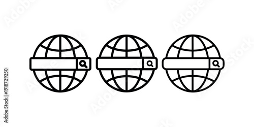 Three global search bar icons showing earth globe with magnifying glass over blank text field, line art illustration representing internet and web browsing