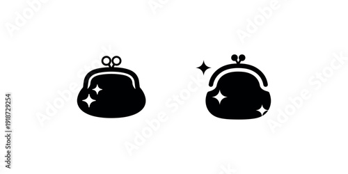 Two retro coin purses, black silhouette with sparkling accents, classic clutch style. graphic icon for finance or shopping. isolated on white background