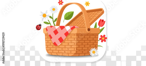 Vibrant picnic basket with red and white checkered cloth surrounded by colorful flowers on white background