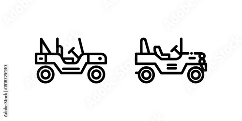 Two line art icons showing vintage jeeps representing retro vehicles and off road exploration rugged transportation style adventure travel