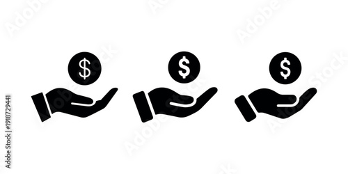 Collection of three solid icons with hand holding dollar coin representing financial support charity giving economy investment money donation