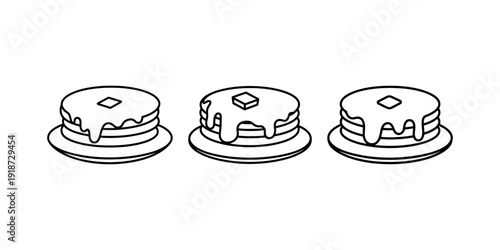 Three line art icons of pancakes stacked high with melting butter and syrup representing breakfast food meal delicious sweet treat dessert