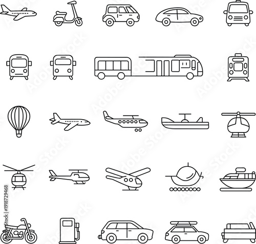 Transportation travel line icon set, airplane helicopter car bus train ship vector outline modern mobility vehicle collection symbols