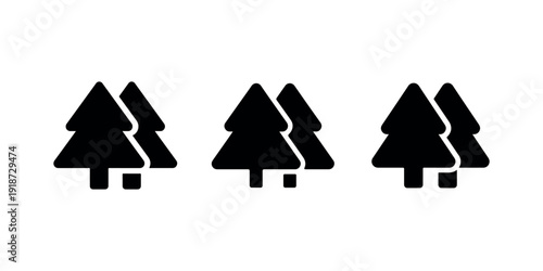 Collection of simple black silhouette pine trees in various arrangements representing a forest or nature scene clean and isolated on white