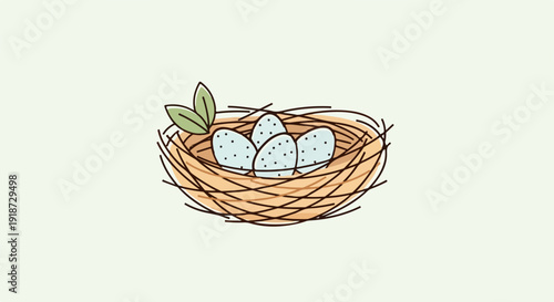 Bird nest with three blue eggs and green leaves on light background symbolizing spring and new life