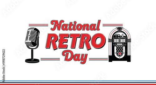 Vector illustration celebrating National Retro Day in the United States with a nostalgic microphone and jukebox icon on a classic background, evoking a timeless, old-school vibe.