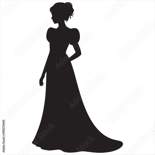 Elegant silhouette woman wearing long formal gown isolated on transparent background