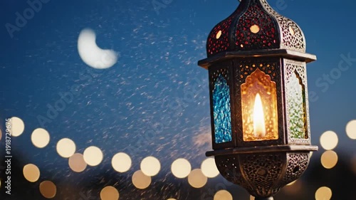 Warm glow of an exquisite Arabian lantern illuminating a serene night with a crescent moon and enchanting bokeh, capturing the spirit of festive celebration