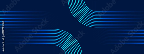 Abstract blue background with glowing curved neon lines flowing across a dark backdrop, creating a modern technology concept with dynamic motion and clean design space.