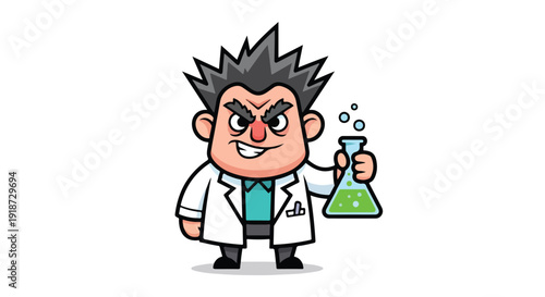 Cartoon mad scientist holding a green beaker with bubbling liquid.