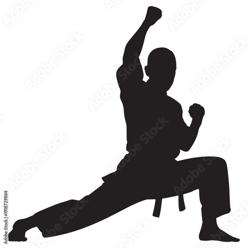 Person performing dynamic martial arts pose with one arm raised and fist clenched isolated on transparent background