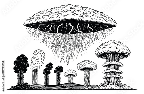 Hand drawn line art set featuring a storm cloud with lightning and rain, and various mushroom clouds for weather and destruction designs