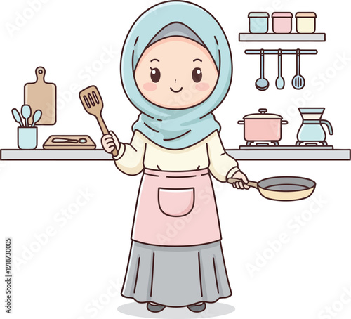 A young girl wearing a hijab cooking in the kitchen with utensils and kitchenware around her