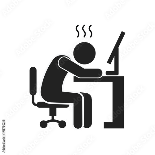 Isolated illustration of a stick figure feeling tired while working with a computer screen on a desk and sitting in a work chair.