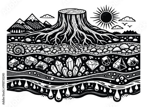 Hand drawn line art illustration of an earth cross section depicting roots, geological layers, minerals and water for natural science