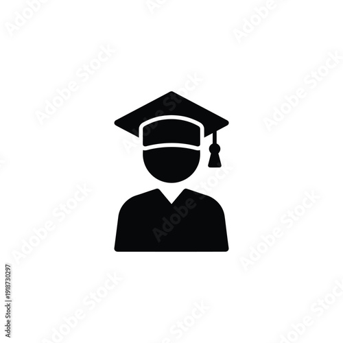 A simple black silhouette depicting a graduation cap and academic gown