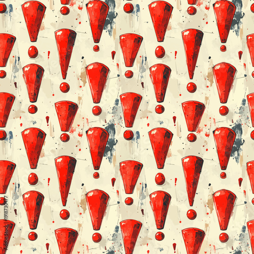 Seamless Red Exclamation Mark Pattern in Watercolor Ink Sketch Style, Warning Background