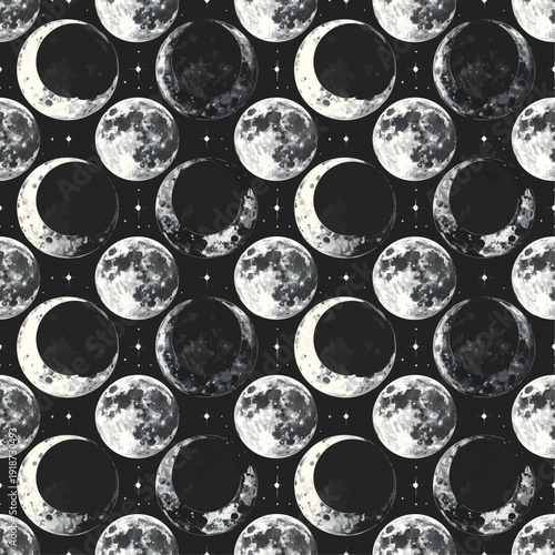 Seamless Moon Phases Pattern with Stars on Black Night Sky Background