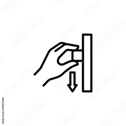 Hand pushing a button or lever with downward directional arrow