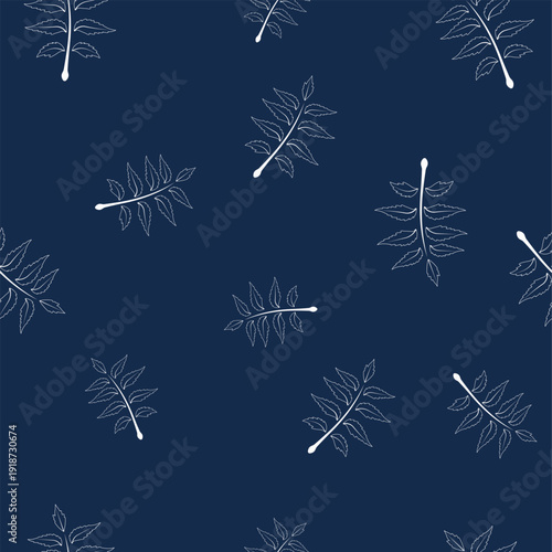 Seamless vector pattern with white hand drawn Neem leaves on navy blue background. Minimalist Ayurvedic medicinal plant foliage texture for packaging design.