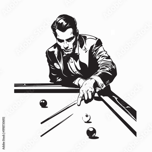 Professional Billiards Player Aiming Shot at Pool Table Vector Illustration