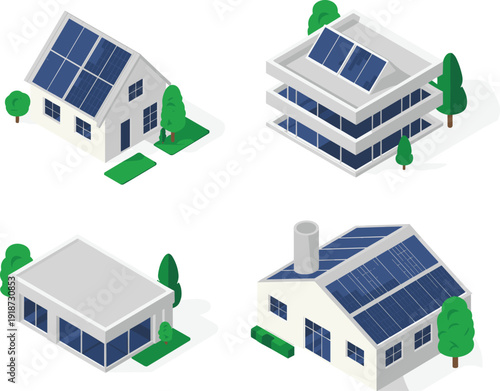 Isometric eco houses and office buildings with rooftop solar panels sustainable architecture renewable energy concept illustration