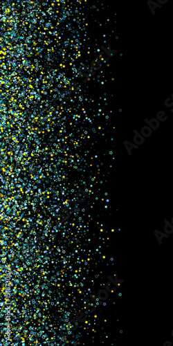 Cyan, Gold, Blue Stars Confetti. Shimmering Shiny particles. Scattered little sparkling, glitter light points. Stellar falling on black background. New Year Christmas background. Vector illustration.