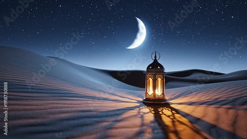 Desert night with glowing lantern, crescent moon, and stars. Long shadows fall on dunes, evoking peace, mystique, and spiritual contemplation