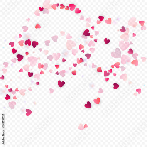 Heart love vector background. Valentine frame. Pink hearts confetti. Scattered love symbols. Random falling heart shape on transparent background. Beautiful Invitation, Greeting Card Illustration.