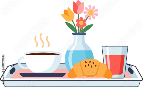 Breakfast tray with coffee juice and cookies accompanied by a vase of colorful flowers on a pink background