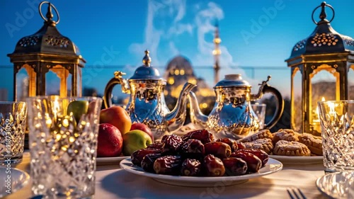 Iftar table with traditional dates, sweet pastries, and luminous lanterns, set against a mosque at dusk, symbolizing spiritual reflection