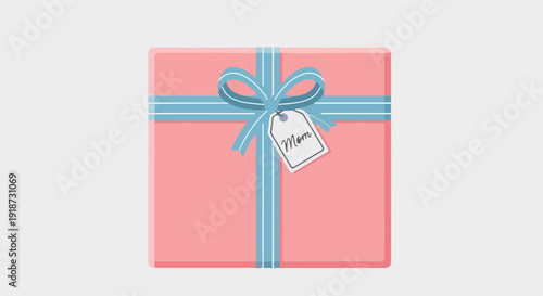 Pink gift box with blue ribbon and tag wrapped present for special occasions holiday or birthday