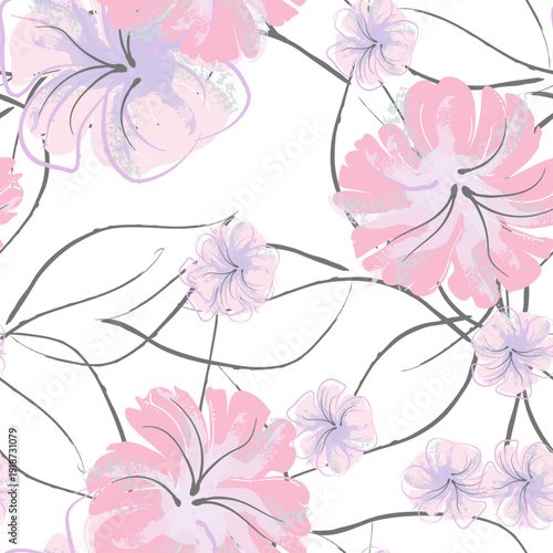 Pink Flowers Blooming Pattern. Pastel Watercolor Floral Print. Little Pink, Yellow, Lilac flower on grey leaf. Elegant brush Background. Seamless Botanical Vector Surface. Texture For Fashion Prints.