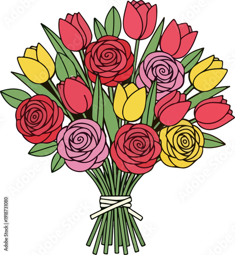 Colorful bouquet of roses and tulips tied with ribbon on white background floral arrangement with red pink yellow flowers and green leaves for decoration or gift giving