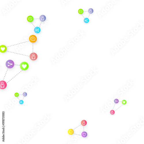 Social media marketing, Communication networking concept. Random icons social media services tags linked on white background. Comment, friend, like, share, target, message. Vector Internet concept.