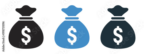 Money Bags with Dollar Signs, three stylized finance symbols in black blue and dark blue colors