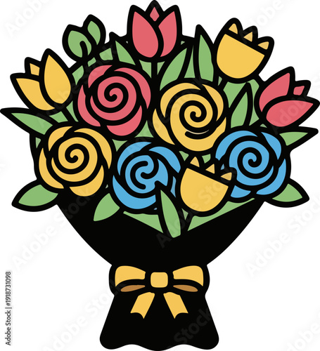 Colorful bouquet of roses and tulips with yellow ribbon on black vase floral arrangement