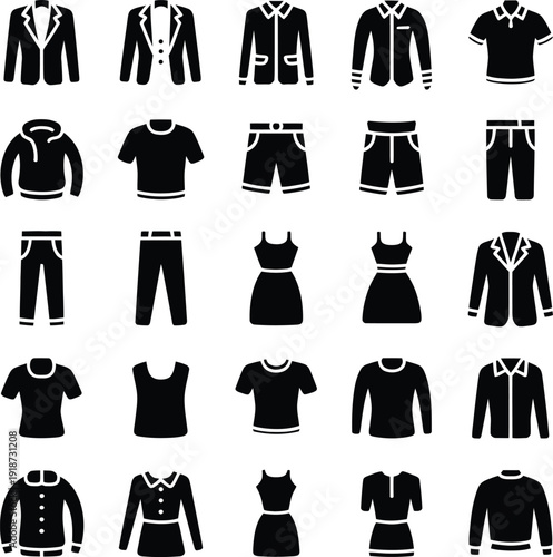 A collection of various black clothing items on a white background