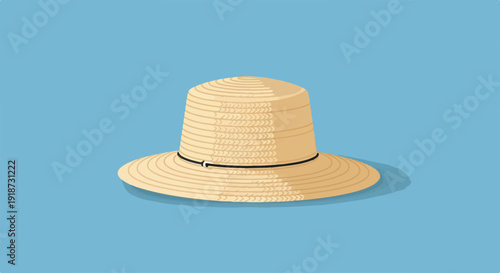 Straw sun hat with black band on blue background summer fashion accessory for outdoor protection and style