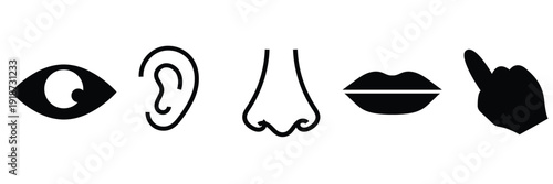 Five Human Senses Minimal Icons Set. Black vector icons representing eye, ear, nose, lips and hand, illustrating five human senses isolated on white background.

