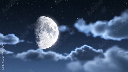 Luminous half-moon in a serene night sky with soft clouds and twinkling stars, creating a peaceful dreamlike celestial scene