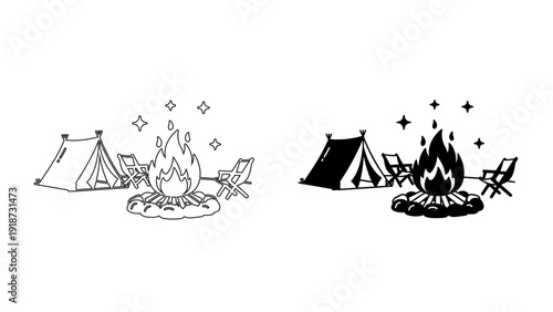 Outdoor Night Camping Icon with Tent, Bonfire, and Lounge Chairs, Summer Recreation Line and Glyph Style Vector
