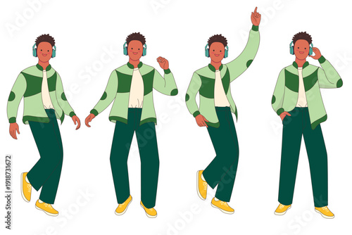 Collection of a happy young man in various dancing poses while listening to music with headphones. Modern character illustration isolated on white for youth and lifestyle themes