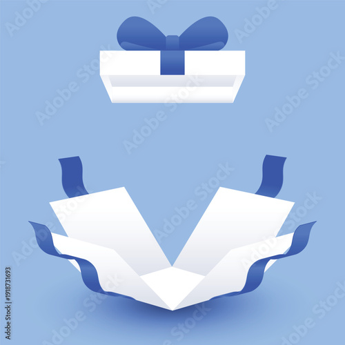 Open gift box with blue ribbon, celebration, discount and advertising poster design element