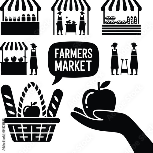 A black and white illustration of a farmers market with various icons and graphics
